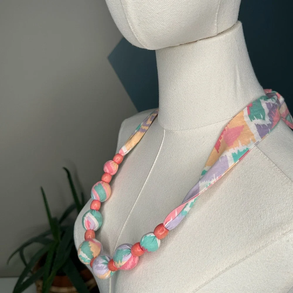 VTG 80s Fabric Wrapped Bead Necklace Multicolor Statement Adjustable Tie Jewelry - Picture 3 of 6